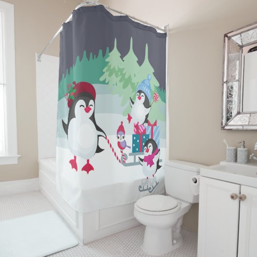 Niedliche Pinguinfamilie im Festwald - Schneeszene Duschvorhang (Beispiel)