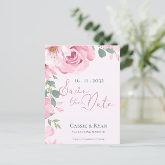 Niedliche Pink-Aquarellblütenhochzeit Das Datum sp Postkarte (Stehend Vorderseite)