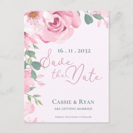 Niedliche Pink-Aquarellblütenhochzeit Das Datum sp Postkarte (Vorderseite)