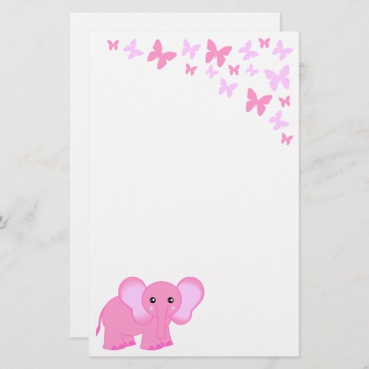 Niedliche Pink Baby Elephant and Butterfly Geschir Briefpapier (Vorne/Hinten)