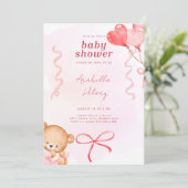 Niedliche Pink Bear Bows & Balloons Babydusche Einladung (Stehend Vorderseite)