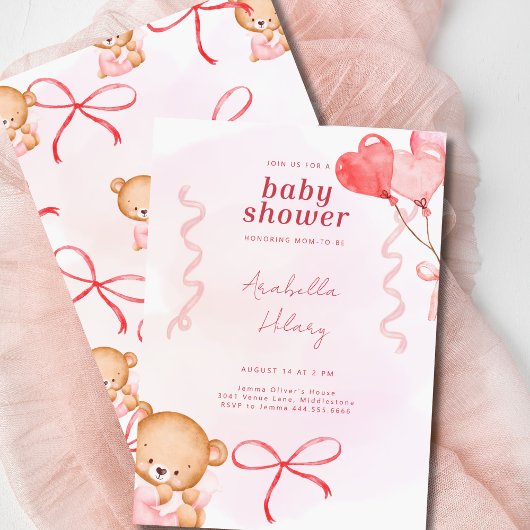 Niedliche Pink Bear Bows & Balloons Babydusche Einladung