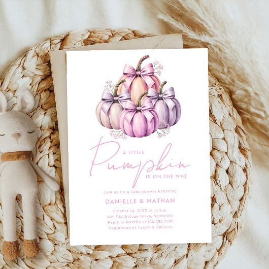 niedliche Pink-Bogen-Aquarellmädchen-Kürbisbaby-Du Einladung