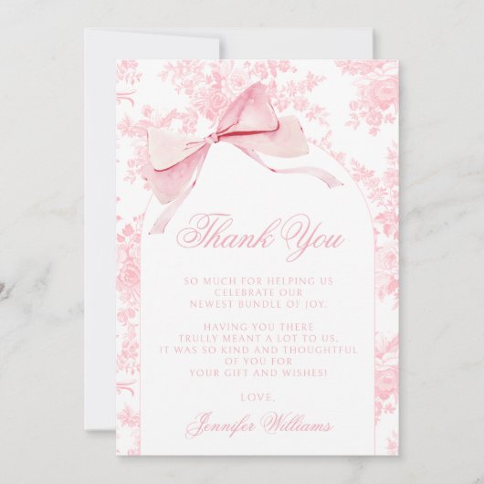 Niedliche Pink Bow Floral Baby Girl Dusche Dankeskarte (Vorderseite)