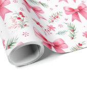 Niedliche Pink Bows & Winter Greenery Wasserfarbe Geschenkpapier (Rolleneckpunkt)