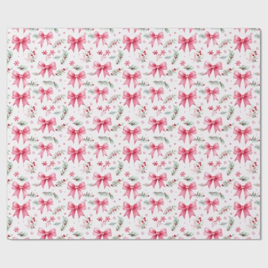 Niedliche Pink Bows & Winter Greenery Wasserfarbe Geschenkpapier (Flach)