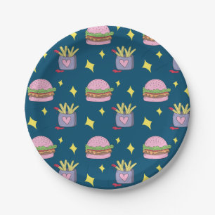 Niedliche Pink Burger and Fries Musterpapierplatte Pappteller