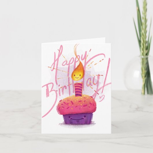 Niedliche Pink Cupcake & Cartoon Candle Birthday C Karte (Vorderseite)