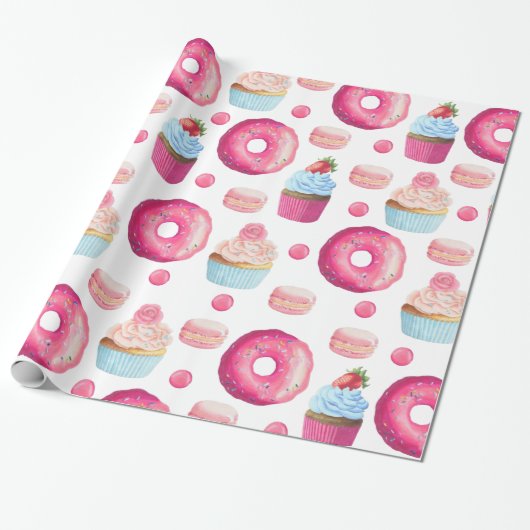 Niedliche Pink Doughnut und Cupcakes auf Weiß Geschenkpapier (Ungerollt)