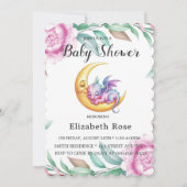Niedliche Pink Dragon und Peony Girl Babydusche Einladung (Vorderseite)