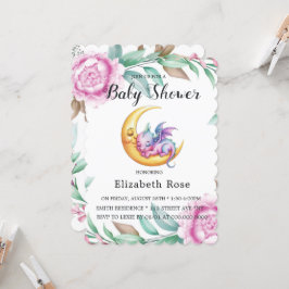 Niedliche Pink Dragon und Peony Girl Babydusche Einladung