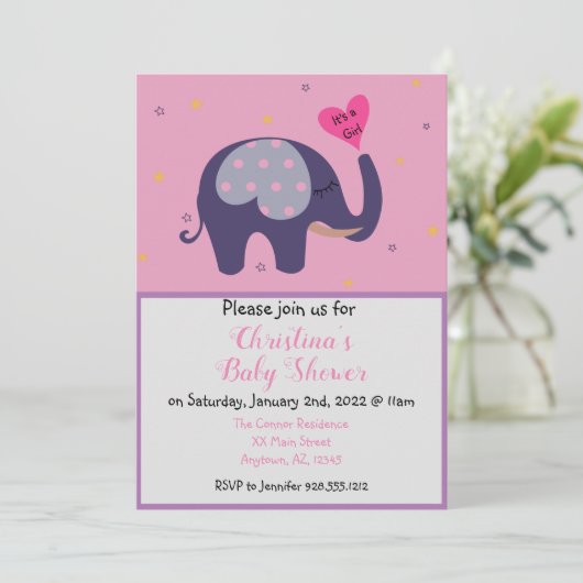 Niedliche Pink Elephant Baby Girl Dusche Einladung (Stehend Vorderseite)