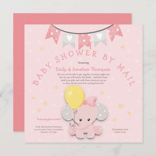 Niedliche pink Elephant Babydusche per Mail Einladung (Vorne/Hinten)