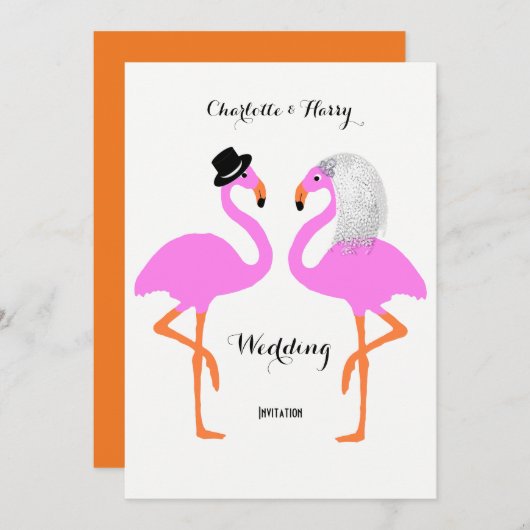 Niedliche Pink Flamingos Bride & Groom Wedding Einladung (Vorne/Hinten)
