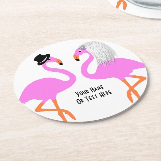 Niedliche Pink Flamingos Bride & Groom Wedding Runder Pappuntersetzer (Angewinkelt)