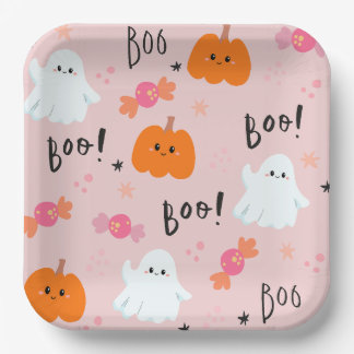 Niedliche Pink Ghost und Pumpkin Halloween Paper T Pappteller
