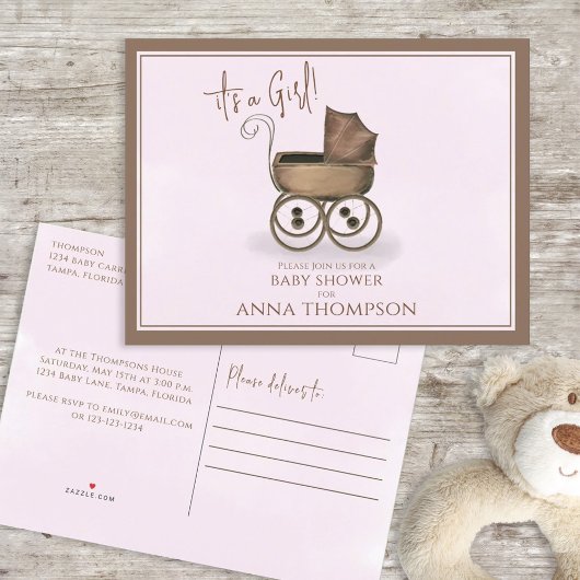 Niedliche Pink Girl Vintag Baby Carriage Classic Einladungspostkarte