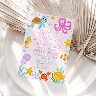 Niedliche Pink Girls Oneder Sea 1. Geburtstag Einladung