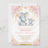 Niedliche Pink & Gold Elephant Girl Baby Dusche Einladung (Vorderseite)