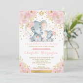 Niedliche Pink & Gold Elephant Girl Baby Dusche Einladung (Stehend Vorderseite)