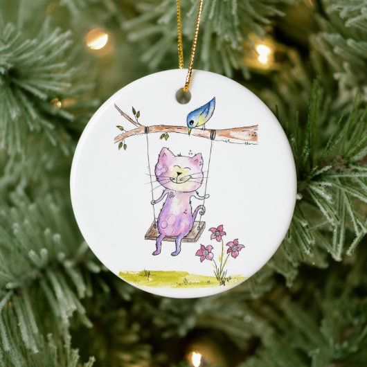 Niedliche Pink-Katze am Swing Keramik Ornament (Baum)