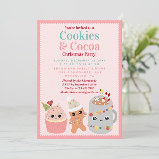 Niedliche Pink Kawaii Cookies und Kakao Weihnachts Einladung (Stehend Vorderseite)