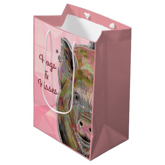 Niedliche Pink Piggy Hogs und Kisses Pastel Zeichn Mittlere Geschenktüte (Vorderseite Schrägansicht)