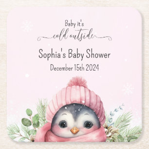 Niedliche Pink Pinguin Winter Kinderdusche Rechteckiger Pappuntersetzer