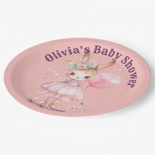 Niedliche Pink Rabbit Babydusche Pappteller (Schrägansicht)