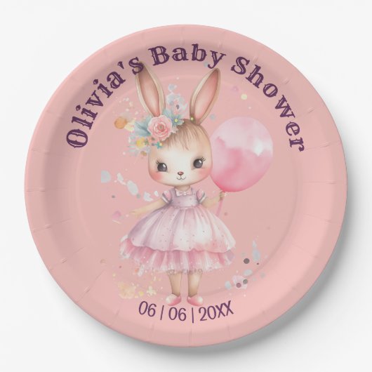 Niedliche Pink Rabbit Babydusche Pappteller (Vorderseite)