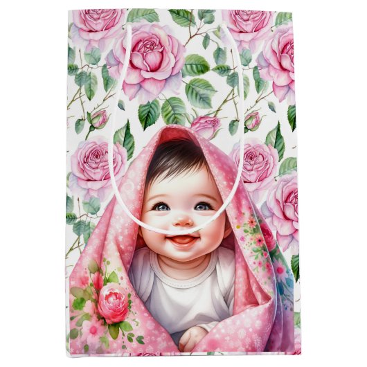 Niedliche Pink Roses und Lächeln Baby Girl Babydus Mittlere Geschenktüte (Vorderseite)