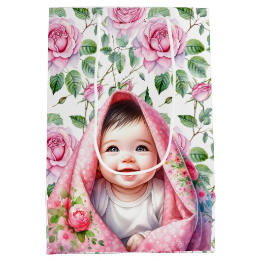 Niedliche Pink Roses und Lächeln Baby Girl Babydus Mittlere Geschenktüte (Rückseite)