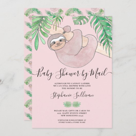Niedliche Pink Sloth Babydusche per Mail Einladung (Vorne/Hinten)