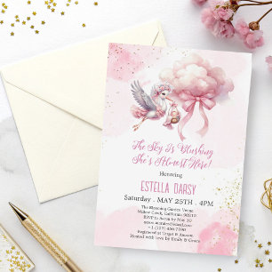Niedliche Pink Stork & Cloud Baby Girl Dusche Einladung