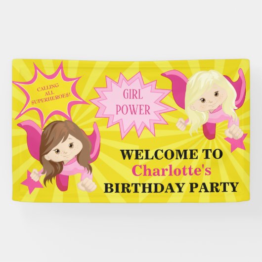 Niedliche Pink Superhero Girl Geburtstagsparty Banner (Horizontal)