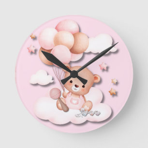 Niedliche Pink Teddy Bär Kinderzimmer Wall Clock Runde Wanduhr