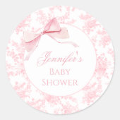Niedliche Pink Toile Bow Ribbon Baby Dusche Runder Aufkleber (Vorderseite)