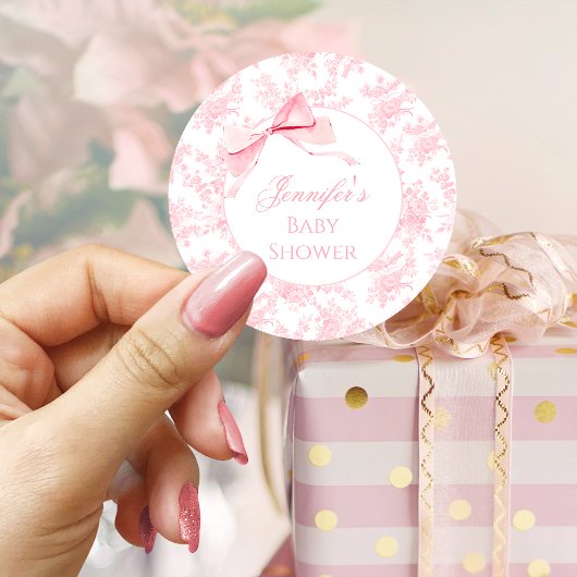 Niedliche Pink Toile Bow Ribbon Baby Dusche Runder Aufkleber