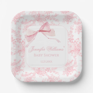 Niedliche Pink Toile Floral Bow Baby Girl Dusche Pappteller
