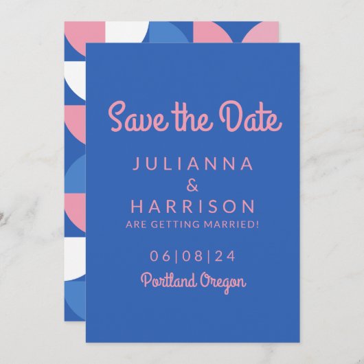 Niedliche Pink- und Blauweißtypografie Save The Date (Vorne/Hinten)