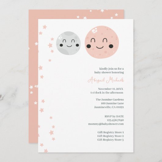 Niedliche Pink und Gray Planets Kindermädchendusch Einladung (Vorne/Hinten)