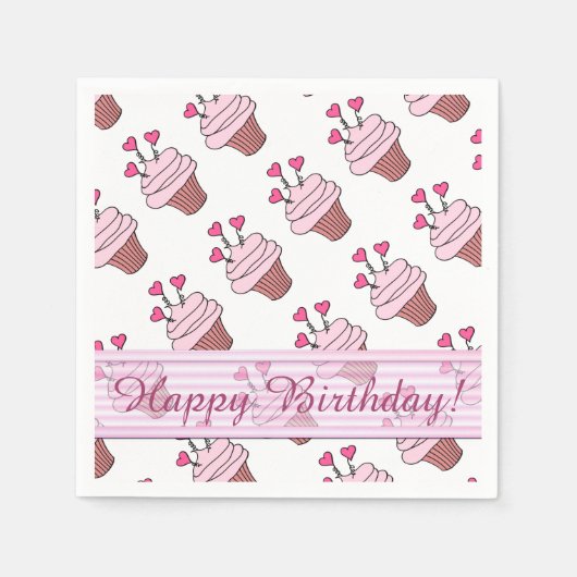 Niedliche Pink & White Heart Cupcakes Geburtstag N Serviette (Vorderseite)
