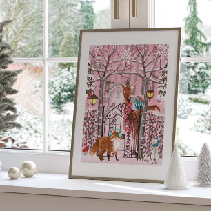 Niedliche Pink Winter Woodland Tiere Urlaub Poster