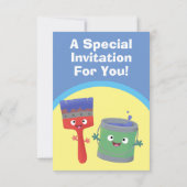 Niedliche Pinsel- und Zeichenkarikaturenfiguren Einladung (Rückseite)