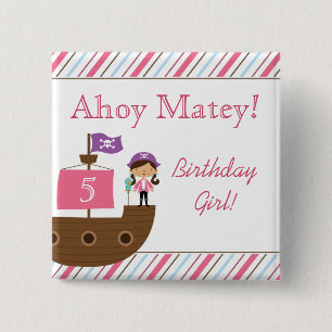 Niedliche Piratengeburtstags-Partyknöpfe des rosa Button