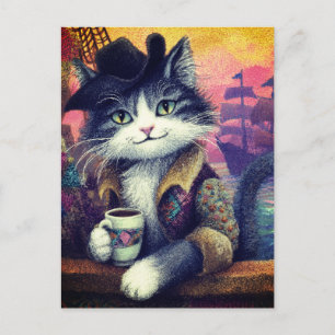 Niedliche Piratenkatze mit einem Kaffee Postkarte