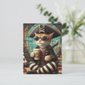 Niedliche Piratenkatze mit Kaffee Postkarte (Stehend Vorderseite)