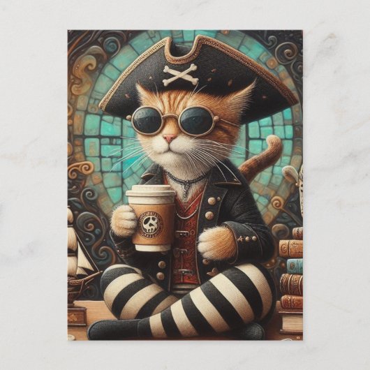 Niedliche Piratenkatze mit Kaffee Postkarte (Vorderseite)