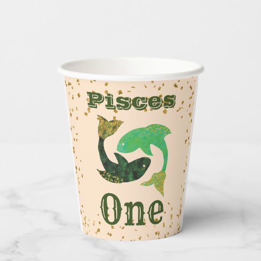 Niedliche Pisces First Birthday & Gold Confetti Pappbecher (Rückseite)