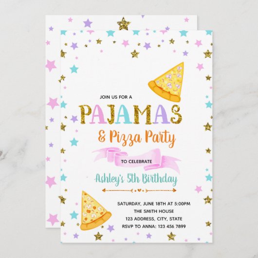 Niedliche Pjs und Pizza-Party Einladung (Vorne/Hinten)